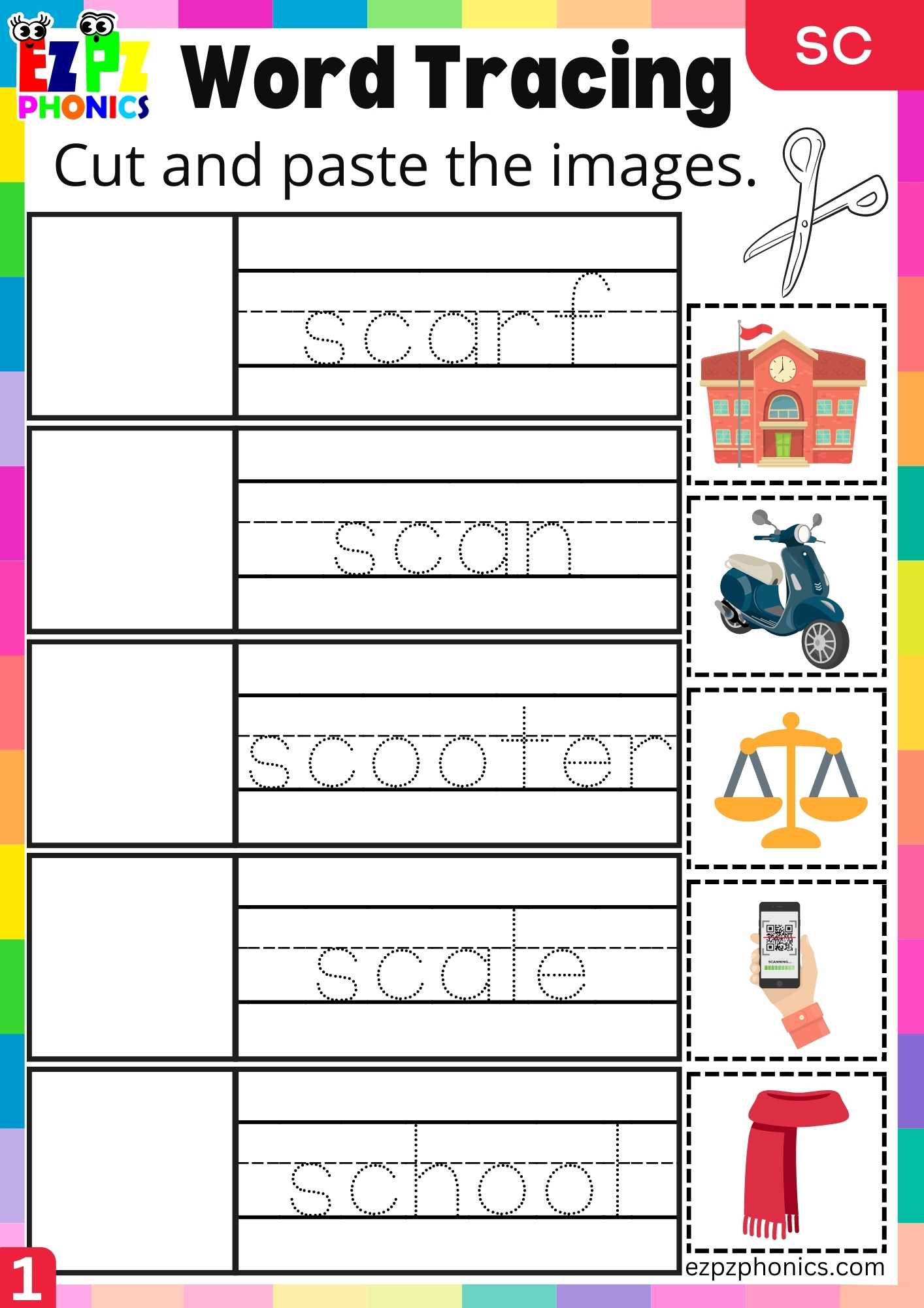 Group1 SC Words Cut And Paste The Images Phonics Consonant Blends Worksheet